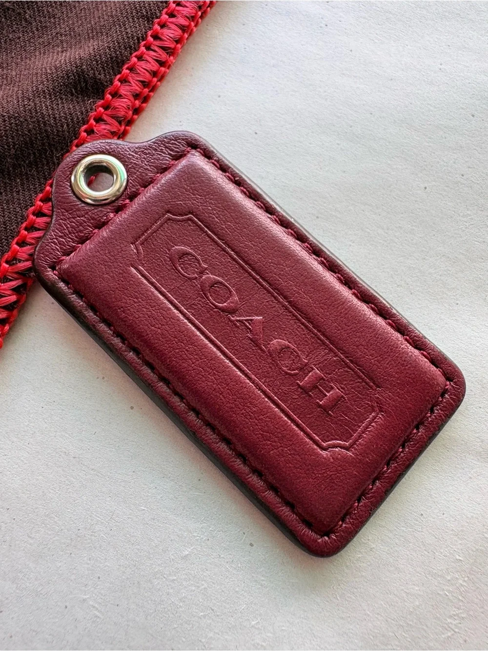 Y2K Large 2.5” Coach Burgundy Oxblood Leather Vintage Hang Tag Bag Charm Key Fob